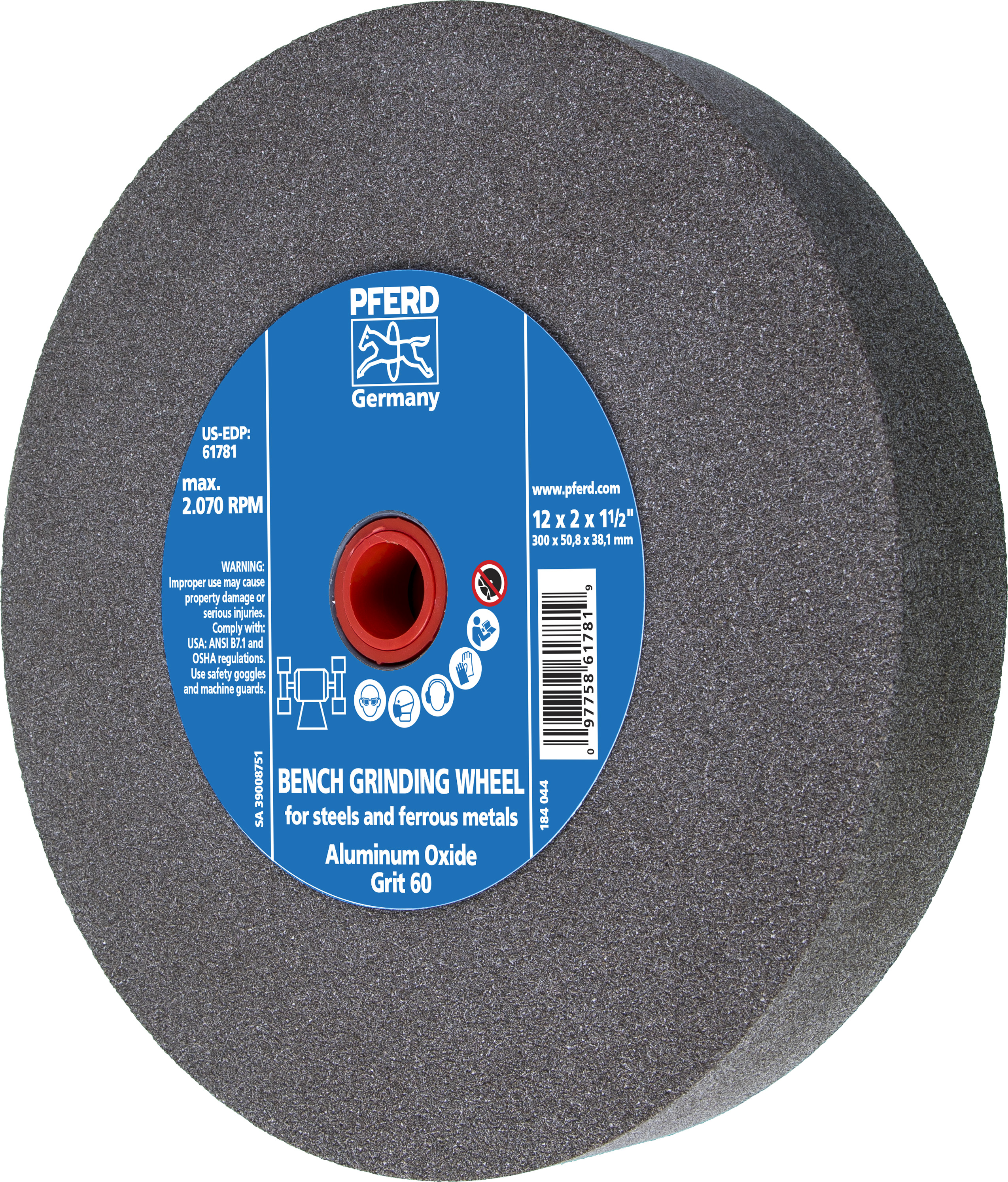 12'' x 2'' Vitrified Bench Wheel 1-1/2'' A.H., Aluminum Oxide, 60 Grit